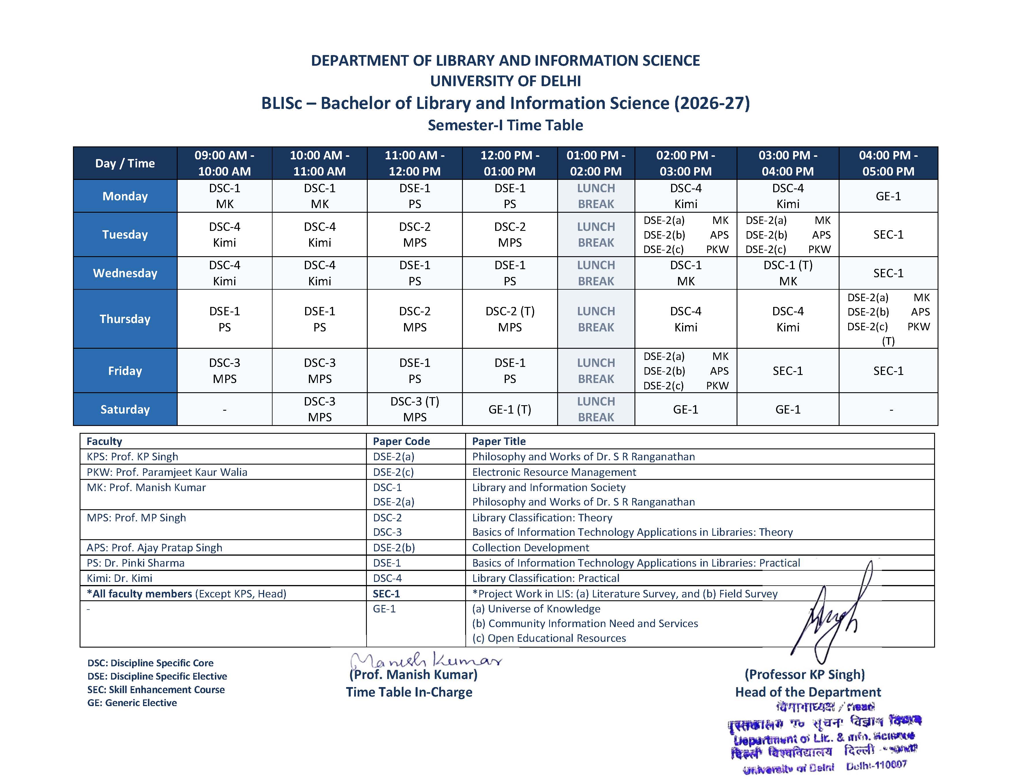 Revised BLISc Time Table