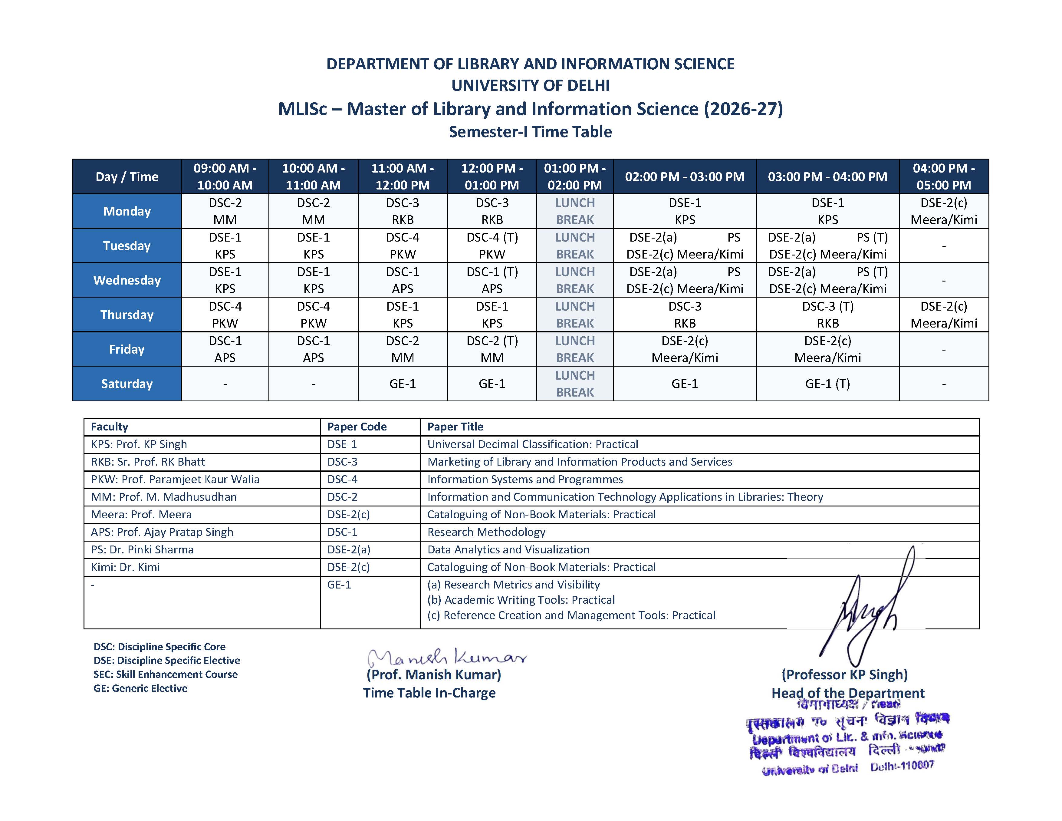 Revised MLISc Time Table